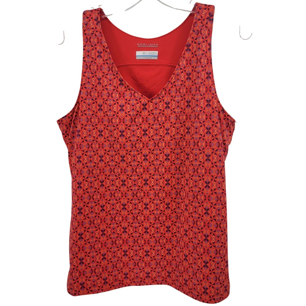 Columbia Omni-Wick Tank Top Womens XL Red Orange Geometric Print AL6436 V-Neck